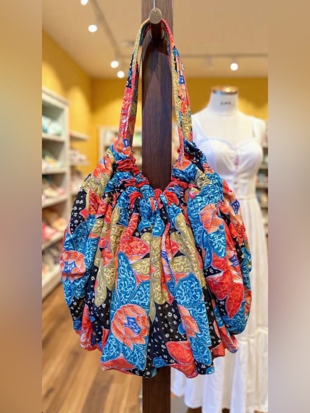 Karma Highway Gathered Floral Patchwork Shoulder Bag in Blue, Red & Gold